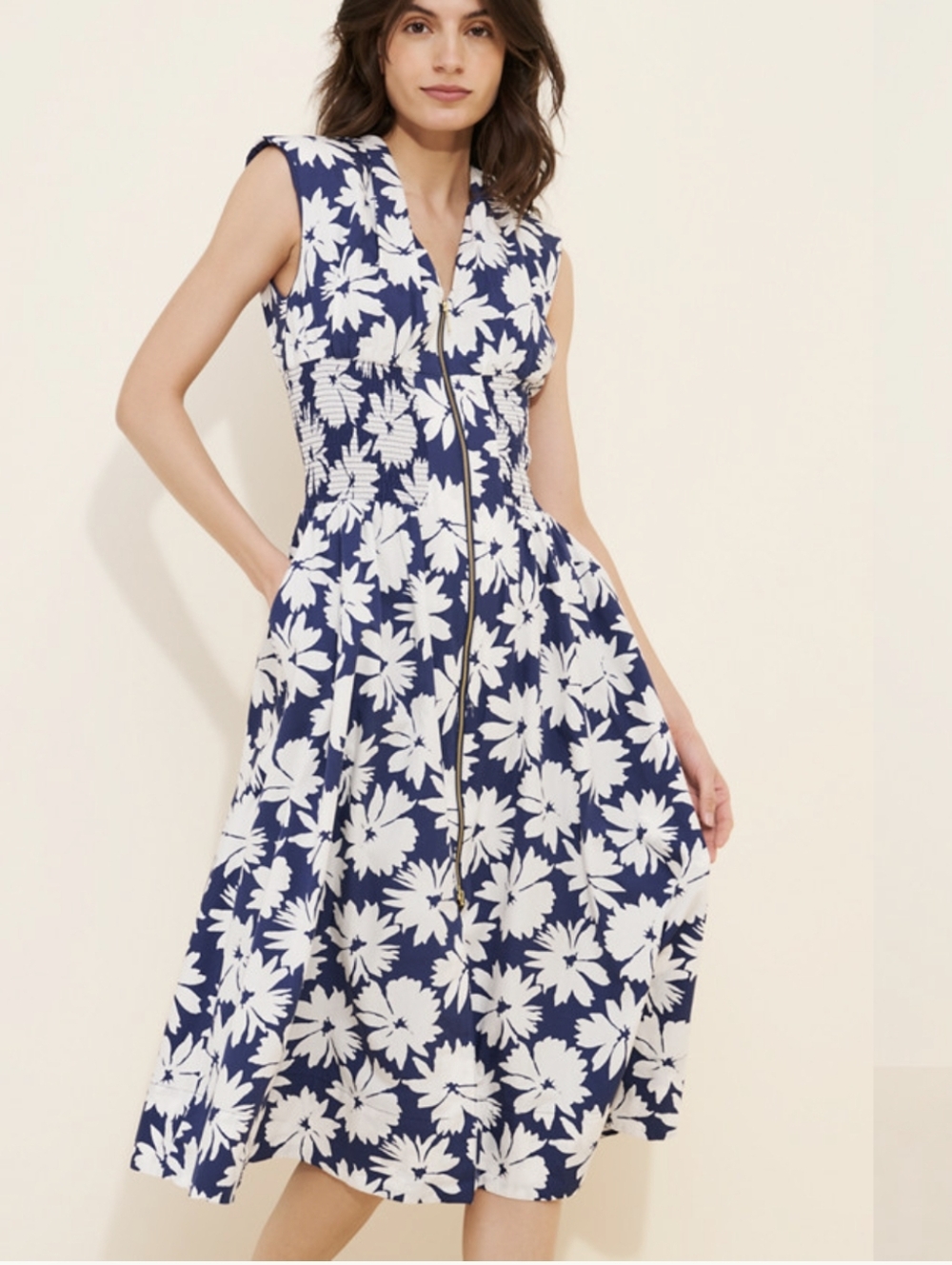 Anthropologie Tommie Cap Navy & White Floral Zip-Front Midi Dress Size M
